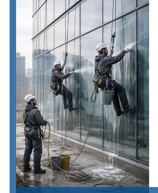 Промышленная мойка панорамных окон на высоте в Коврове