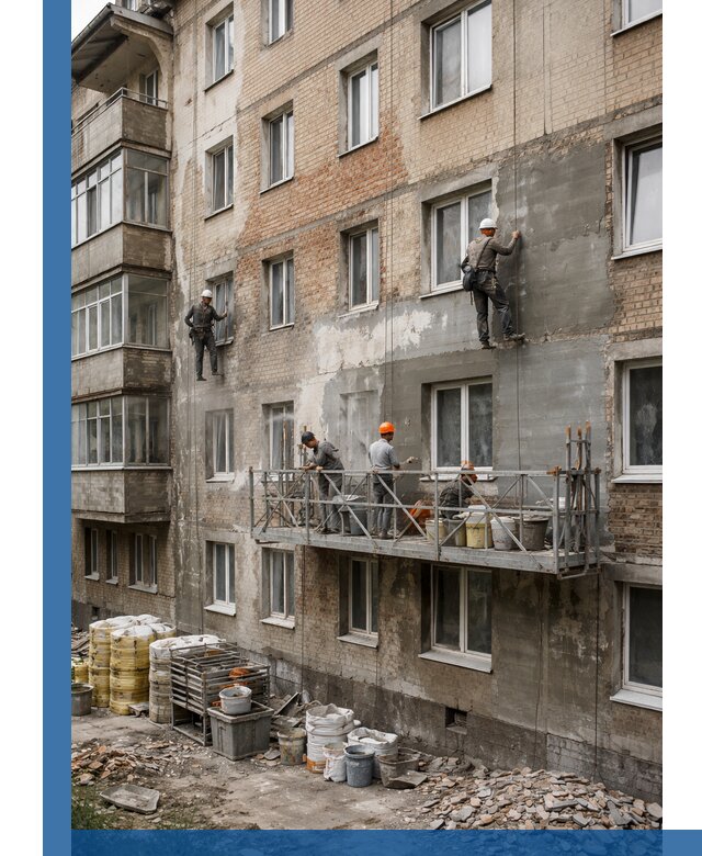 Капитальный ремонт фасада в Коврове с восстановлением и гидроизоляцией