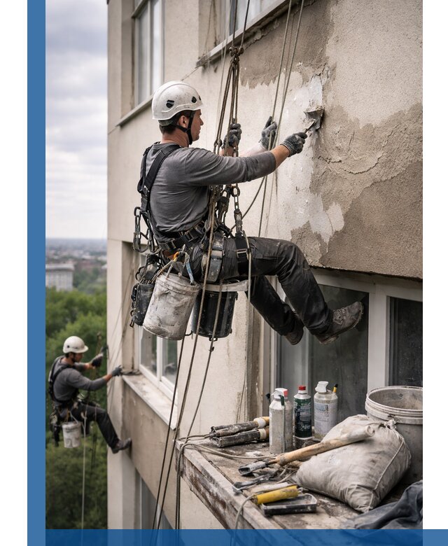 Косметический ремонт фасада зданий в Коврове промышленными альпинистами