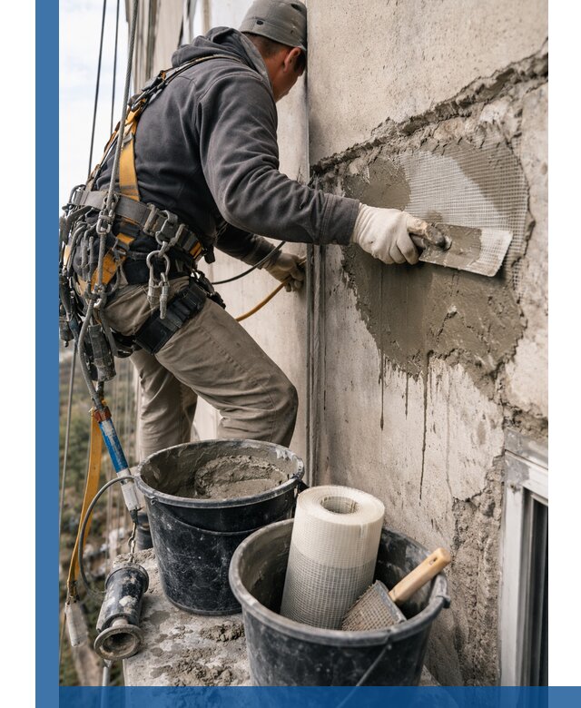 Ремонт бетонных элементов фасада промышленными альпинистами в Коврове