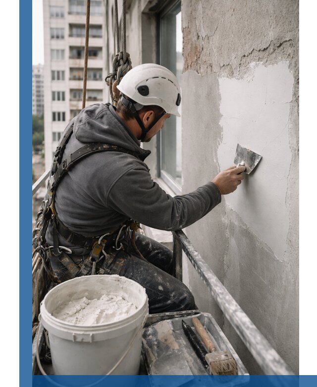 Шпаклевка фасадов на высоте с промальпинистами в Коврове