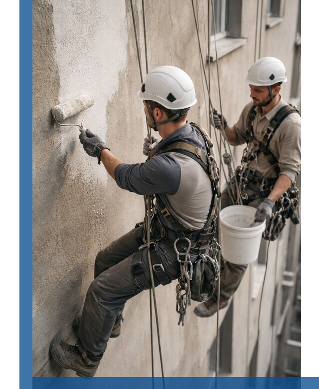 Грунтовка фасада на высоте в Коврове промышленными альпинистами