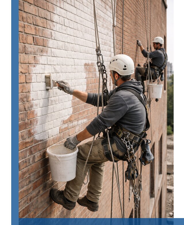 Покраска кирпичного фасада с доступным альпинистским сервисом в Коврове