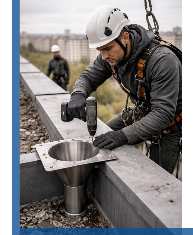 Монтаж водосточных воронок в Коврове для промышленных зданий