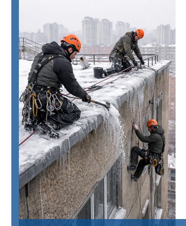 Удаление наледи с кровли в Коврове промышленными альпинистами