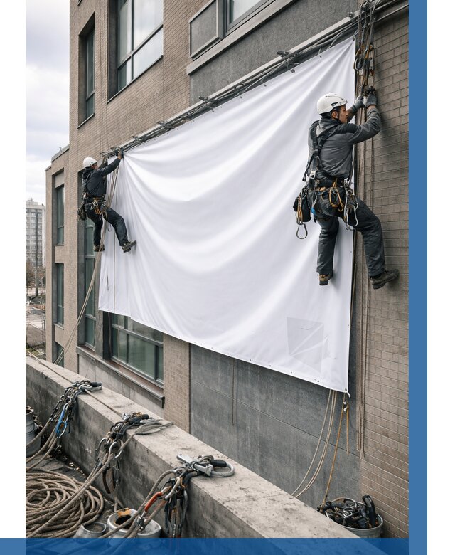 Монтаж баннеров на фасаде в Коврове от 665 р. заказать ВЫСОТНИК-Квр