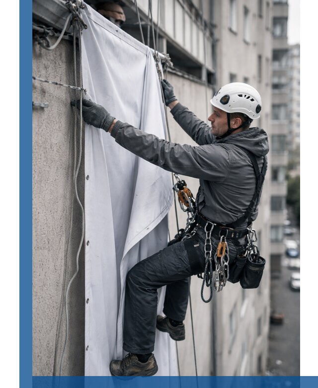 Замена баннерного полотна промышленными альпинистами в Коврове