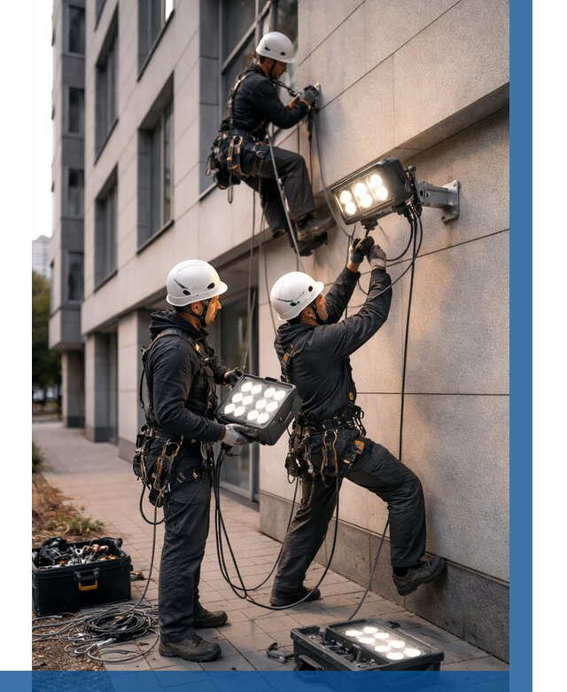 Монтаж прожекторов на фасаде в Коврове от 7674 р. | ВЫСОТНИК-Квр