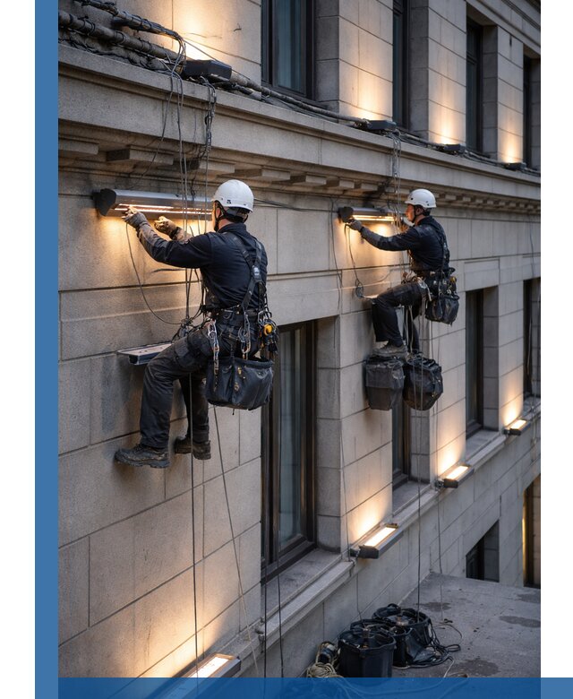 Монтаж архитектурной подсветки фасадов зданий в Коврове