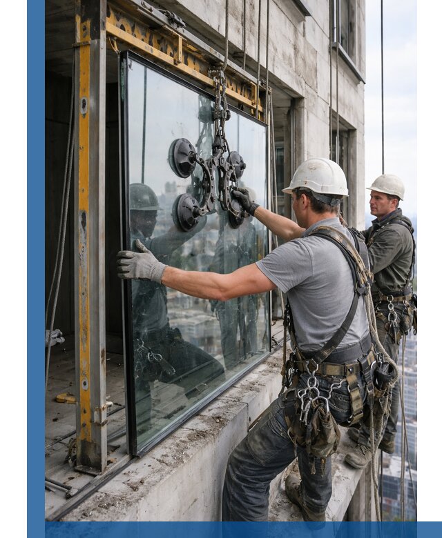 Монтаж стеклопакетов на высоте в Коврове с промышленным альпинизмом