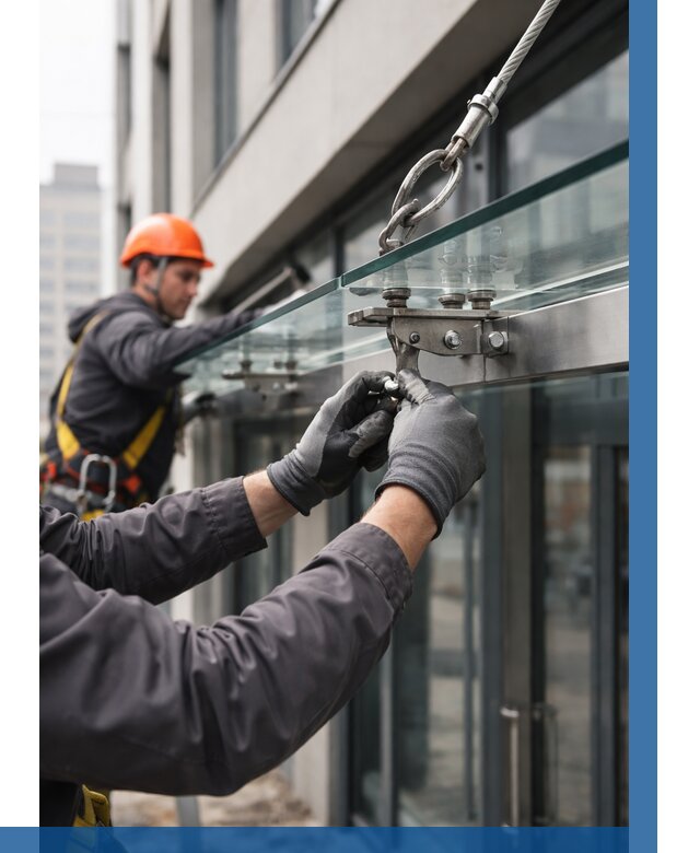 Монтаж стеклянных козырьков в Коврове от 8697 р. | ВЫСОТНИК-Квр