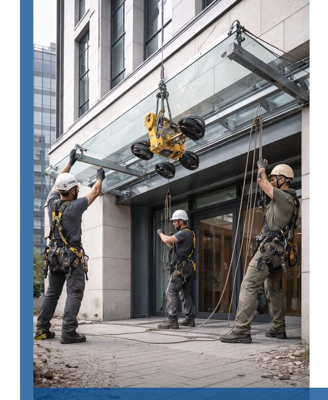 Монтаж стеклянных козырьков под ключ в Коврове для зданий