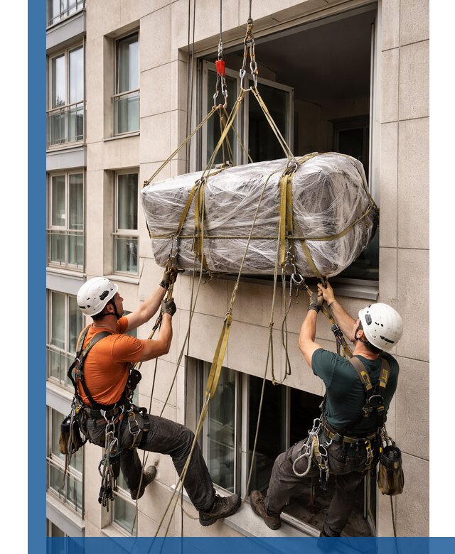 Подъем грузов через окно в Коврове промышленными альпинистами